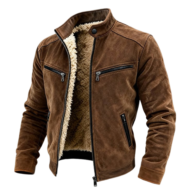 Men's Vintage Brown Suede Zip-Pocket Fleece Stand Collar Jacket