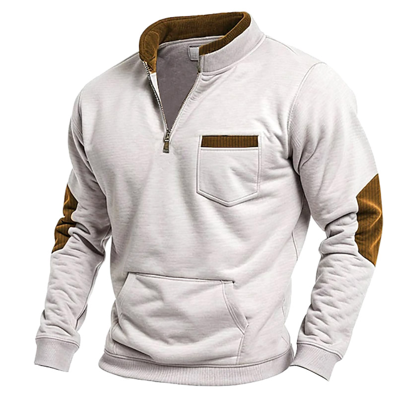 Men's Vintage Contrast Corduroy Pocket Quarter Zip Sweatshirt-Unitsen