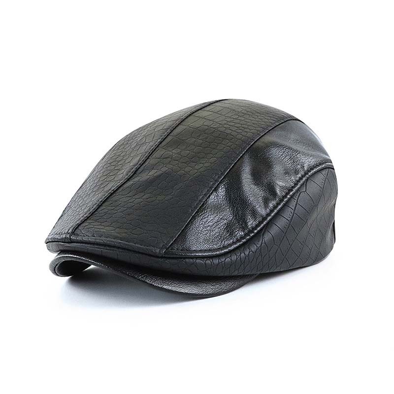Men's Retro Beret Stitched Crocodile PU Leather Peaked Cap-Unitsen