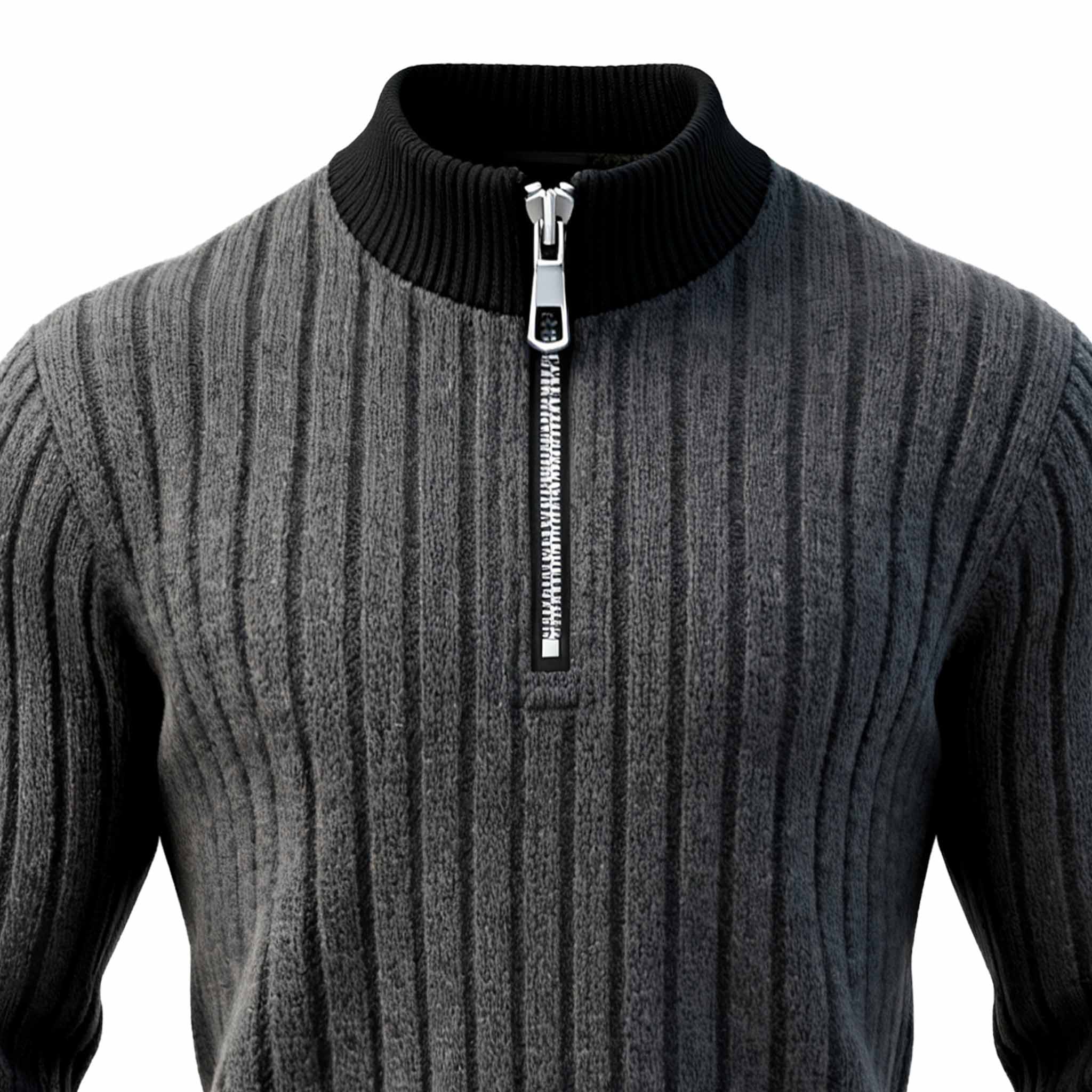 Men's Vintage Gray Ribbed Contrast Half-Zip Stand Collar Knit Sweater-Unitsen