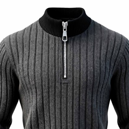 Men's Vintage Gray Ribbed Contrast Half-Zip Stand Collar Knit Sweater-Unitsen