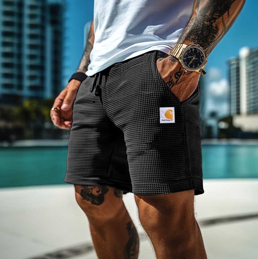 Men's Vintage Waffle Knit Surf Elastic Drawstring Walkshort Shorts-Unitsen