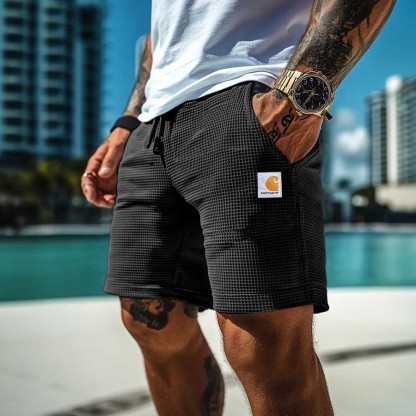 Men's Vintage Waffle Knit Surf Elastic Drawstring Walkshort Shorts-Unitsen