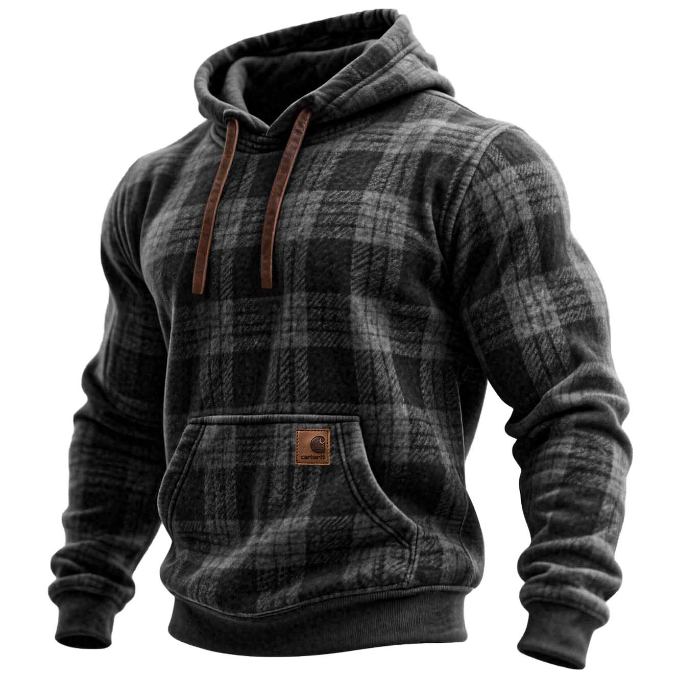 Men's Vintage Western Cowboy Plaid Print Pocket Hoodie-Unitsen