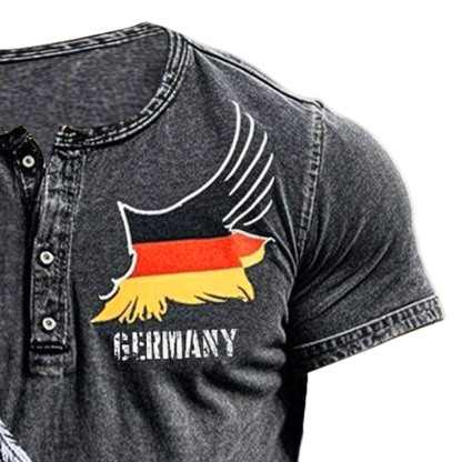Men's Vintage German Flag Eagle Wings Print Henley Collar Short Sleeve T-Shirt-Unitsen