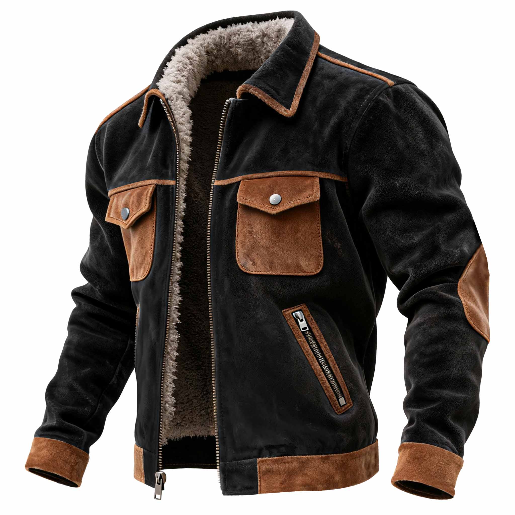 Men's Vintage Black Suede Contrast Pocket Fleece Jacket-Unitsen