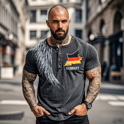 Men's Vintage German Flag Eagle Wings Print Henley Collar Short Sleeve T-Shirt-Unitsen