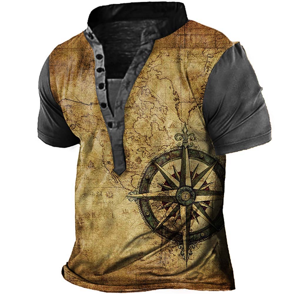 Plus Size Men's Vintage World Map Compass Print Henley T-Shirt-Unitsen