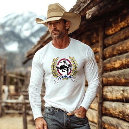 Men's Vintage Western Cowboy Rodeo Print Casual Round Neck Long Sleeve T-Shirt-Unitsen