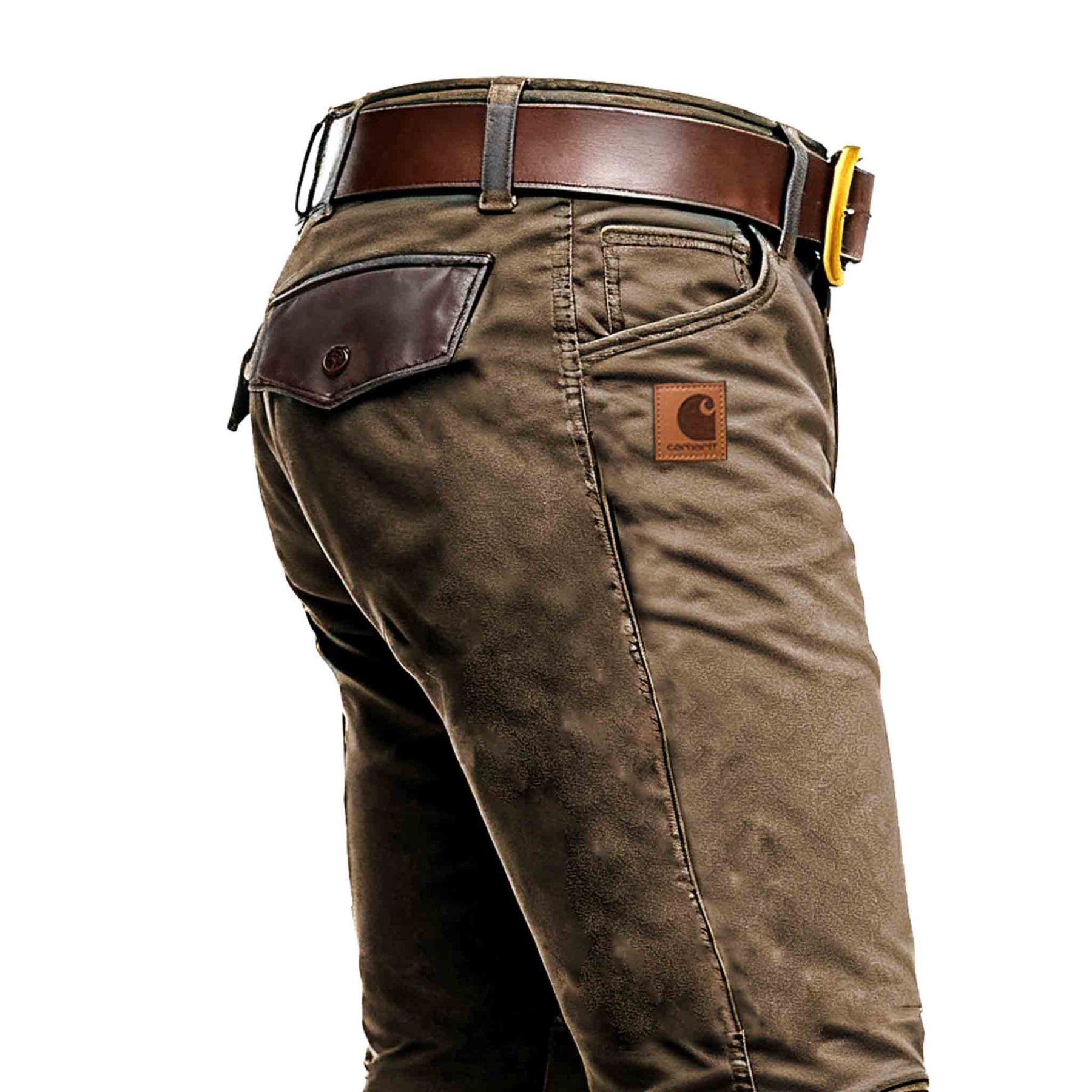 Men's Vintage Workwear Brown Leather Reinforced Knees Zipper Ankle Utility Pants-Unitsen