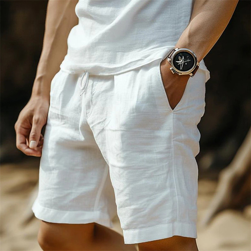 Men's Linen Pocket Drawstring Elastic Beach Surf Shorts-Unitsen
