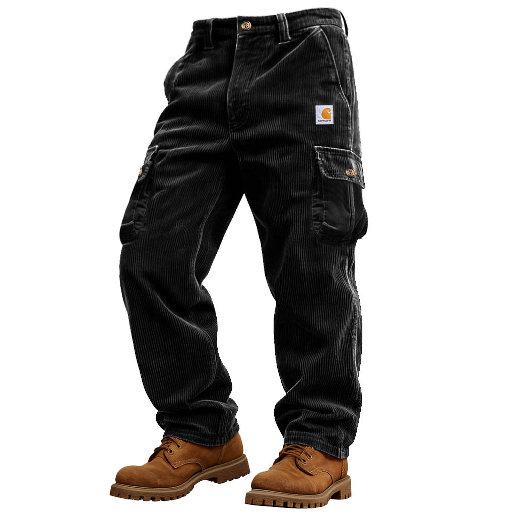 Men's Vintage Western Cowboy Black Corduroy Multi-Pocket Cargo Pants And Trousers-Unitsen