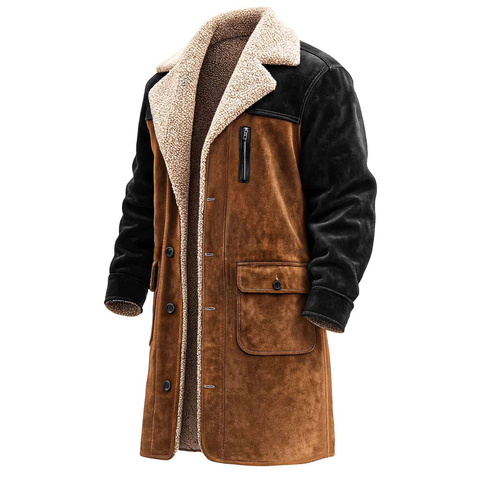 Men's Vintage Zipper Pocket Black And Brown Suede Fur Jacket Shearling Coat-Unitsen