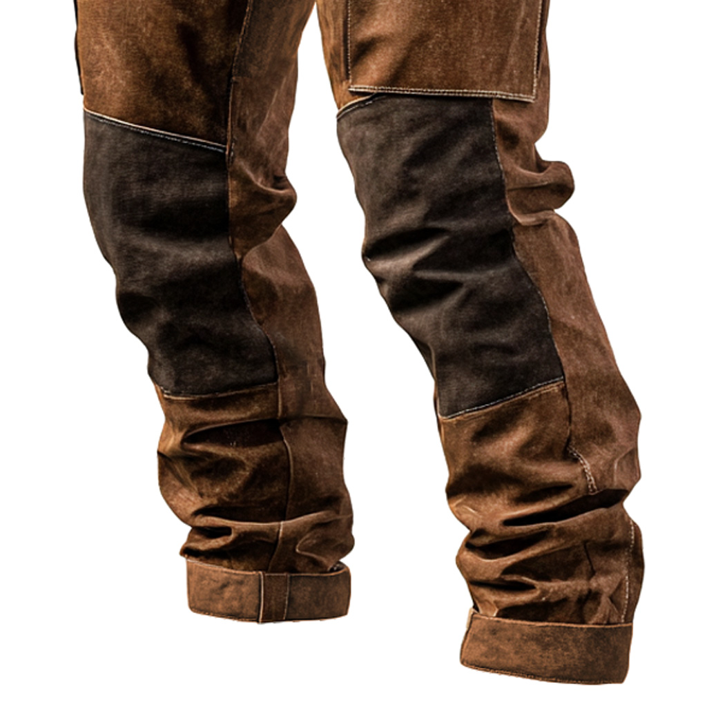 Men's Vintage Brown Suede Contrast Work Pants With Reinforced Knees-Unitsen
