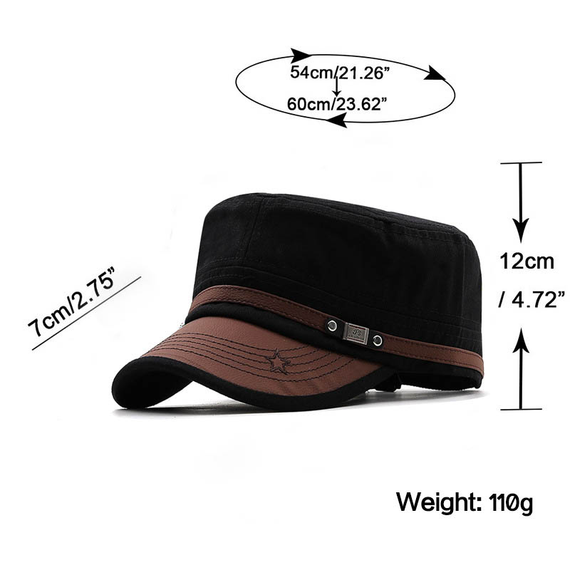 Men's Flat-top Leather Peaked Cap Military Cap Casual Sun Hat-Unitsen