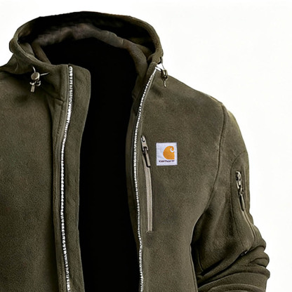 Men's Vintage Army Green Fleece Zippered Multi-Pocket Baerskin Hoodie Jacket-Unitsen