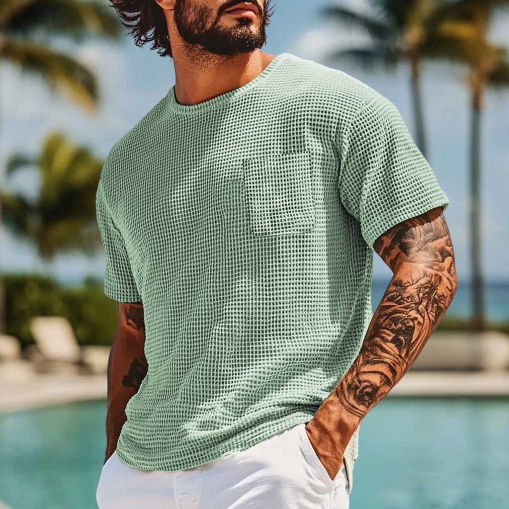 Men's Vintage Waffle Knit Patch Pocket Short Sleeve Crew Neck T-Shirt-Unitsen