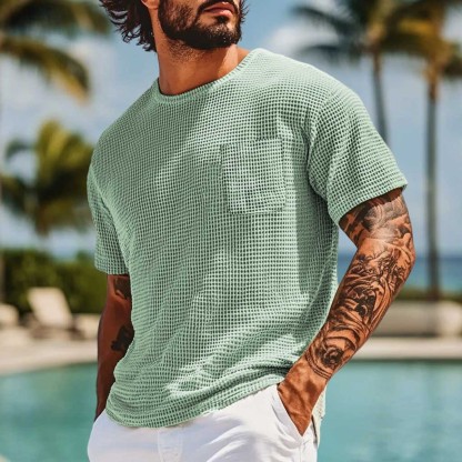 Men's Vintage Waffle Knit Patch Pocket Short Sleeve Crew Neck T-Shirt-Unitsen