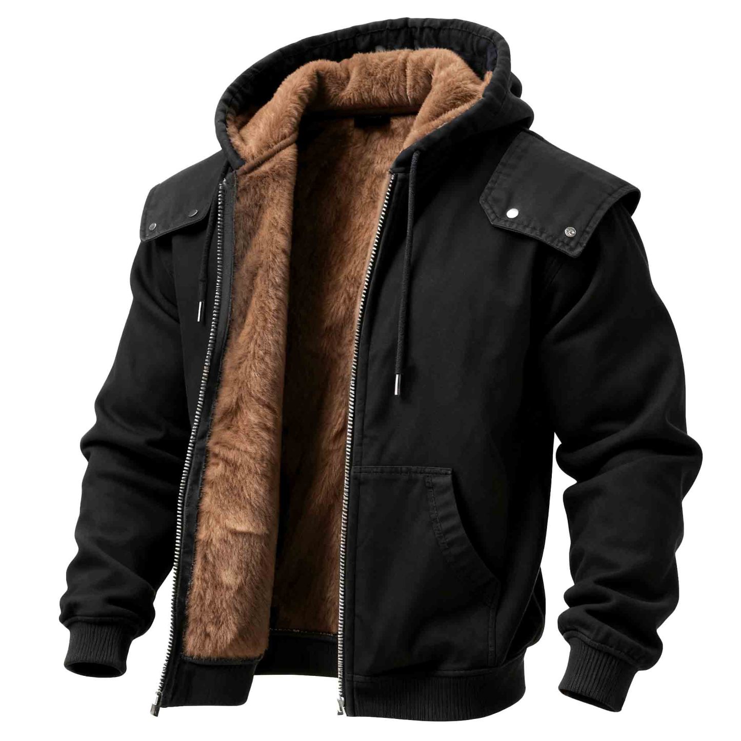 Men's Vintage Black Fleece Work Cargo Hooded Jacket-Unitsen