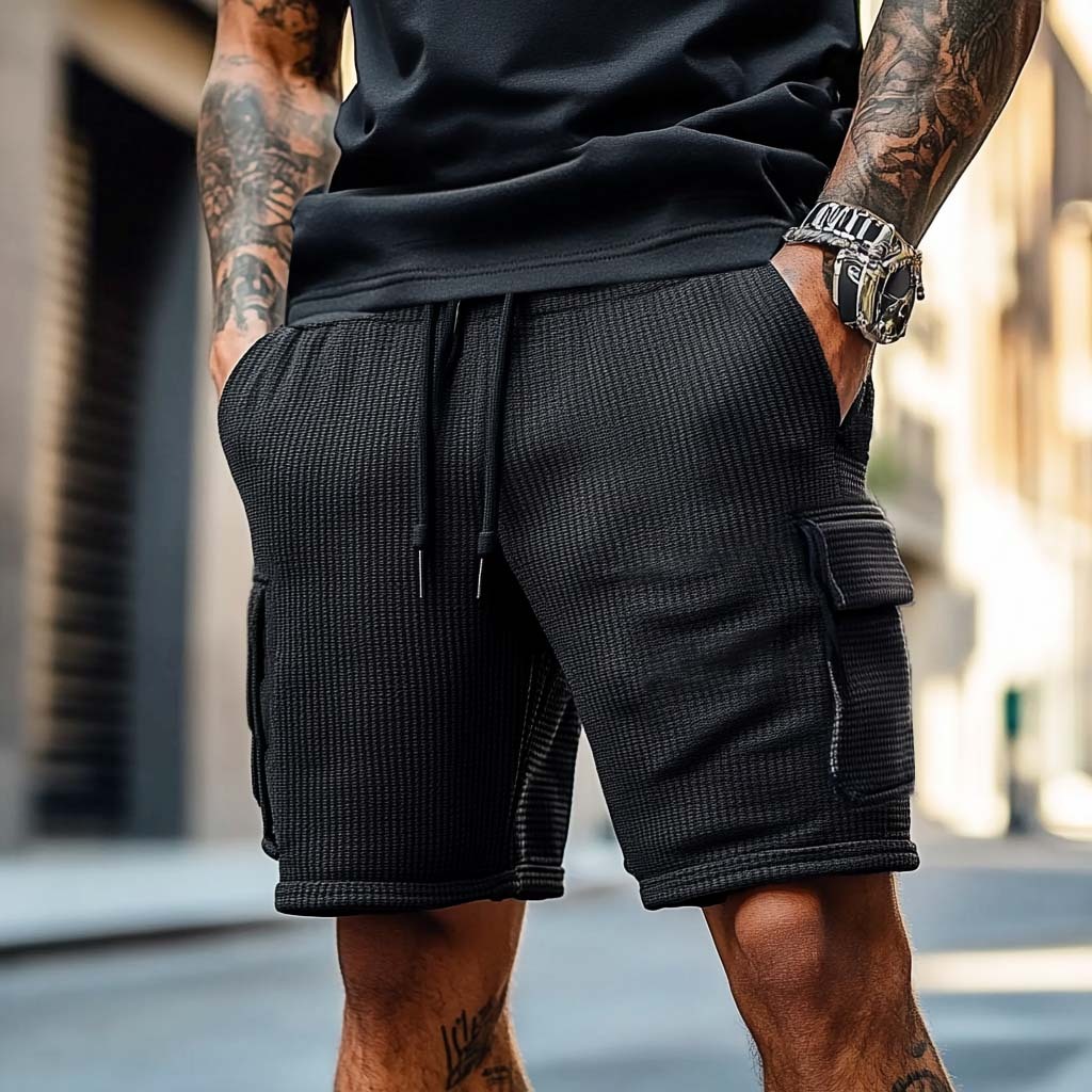 Men's Vintage Waffle Knit Multi-Pocket Casual Surf Elastic Drawstring Cargo Shorts-Unitsen
