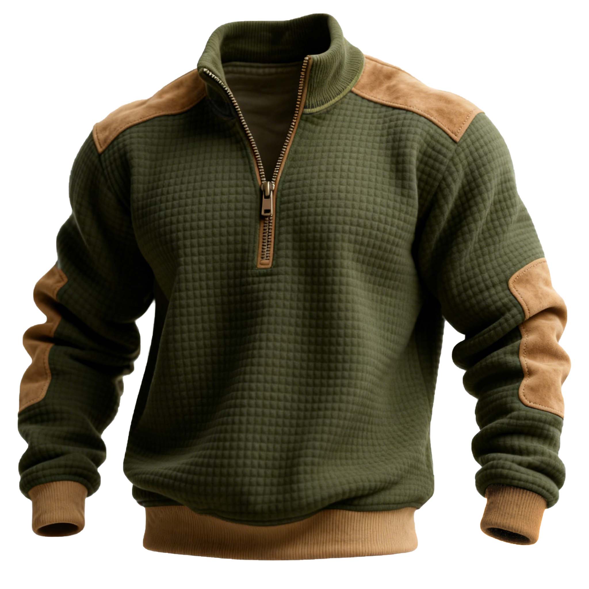 Men's Vintage Waffle Quilted Plaid Color-Blocked Half-Zip Stand Collar Sweatshirt