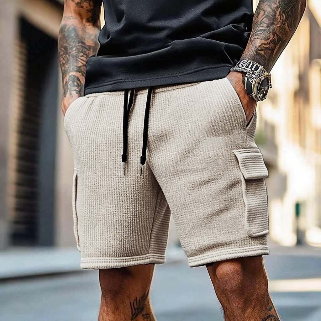 Men's Vintage Waffle Knit Multi-Pocket Casual Surf Elastic Drawstring Cargo Shorts-Unitsen