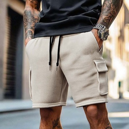 Men's Vintage Waffle Knit Multi-Pocket Casual Surf Elastic Drawstring Cargo Shorts-Unitsen