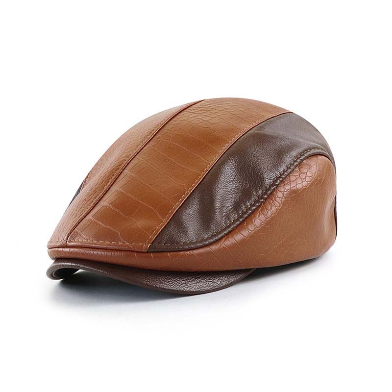 Men's Retro Beret Stitched Crocodile PU Leather Peaked Cap-Unitsen