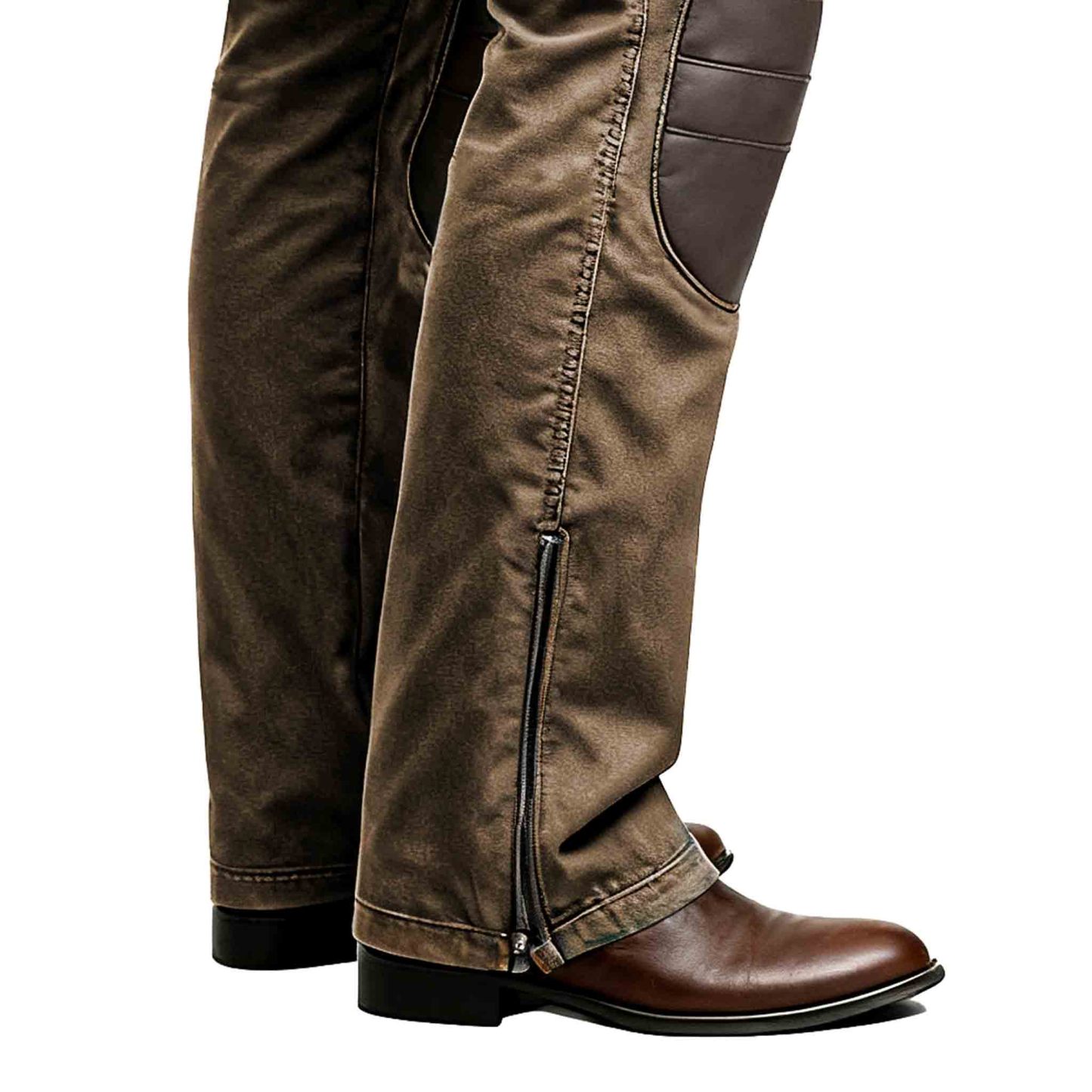 Men's Vintage Workwear Brown Leather Reinforced Knees Zipper Ankle Utility Pants-Unitsen
