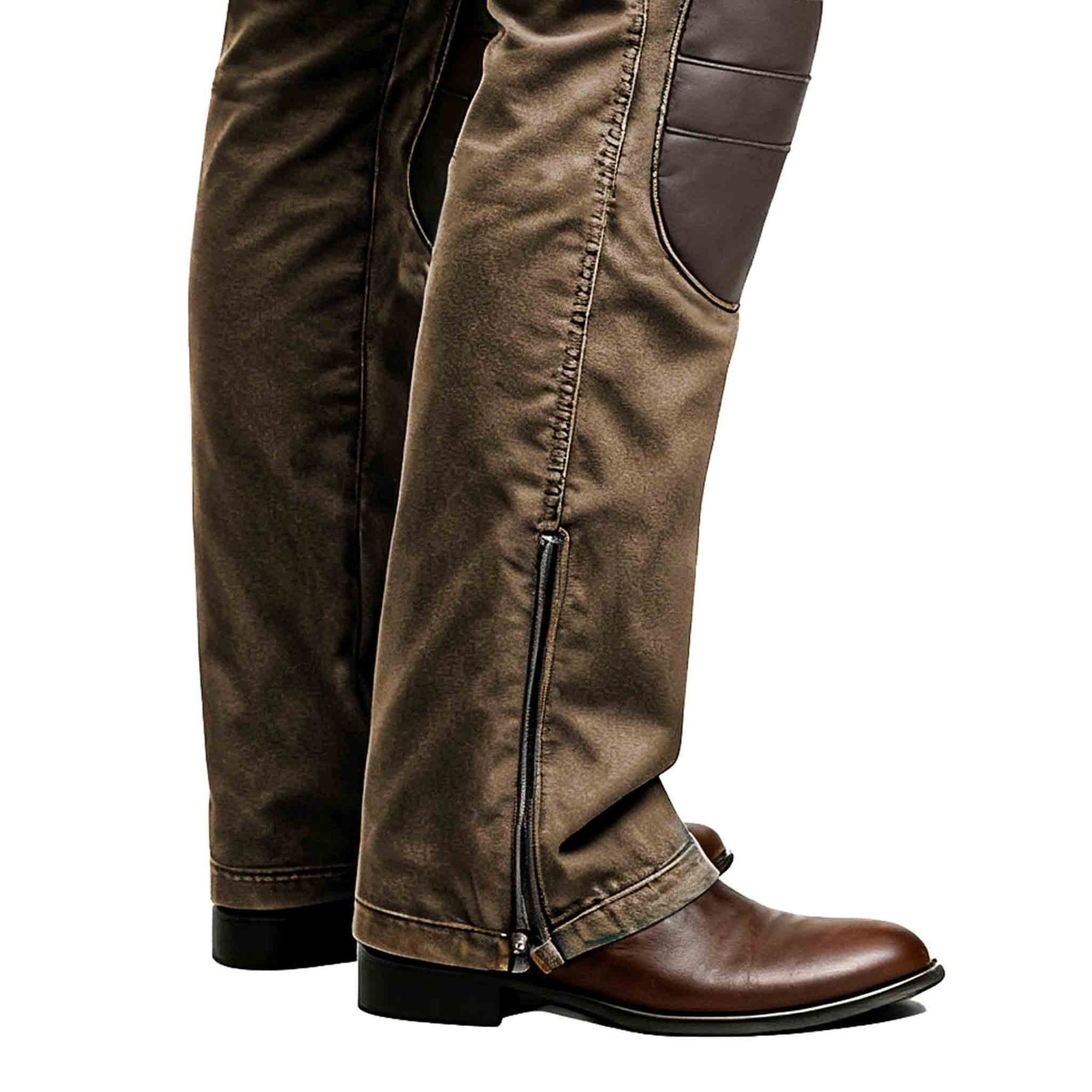 Men's Vintage Workwear Brown Leather Reinforced Knees Zipper Ankle Utility Pants-Unitsen