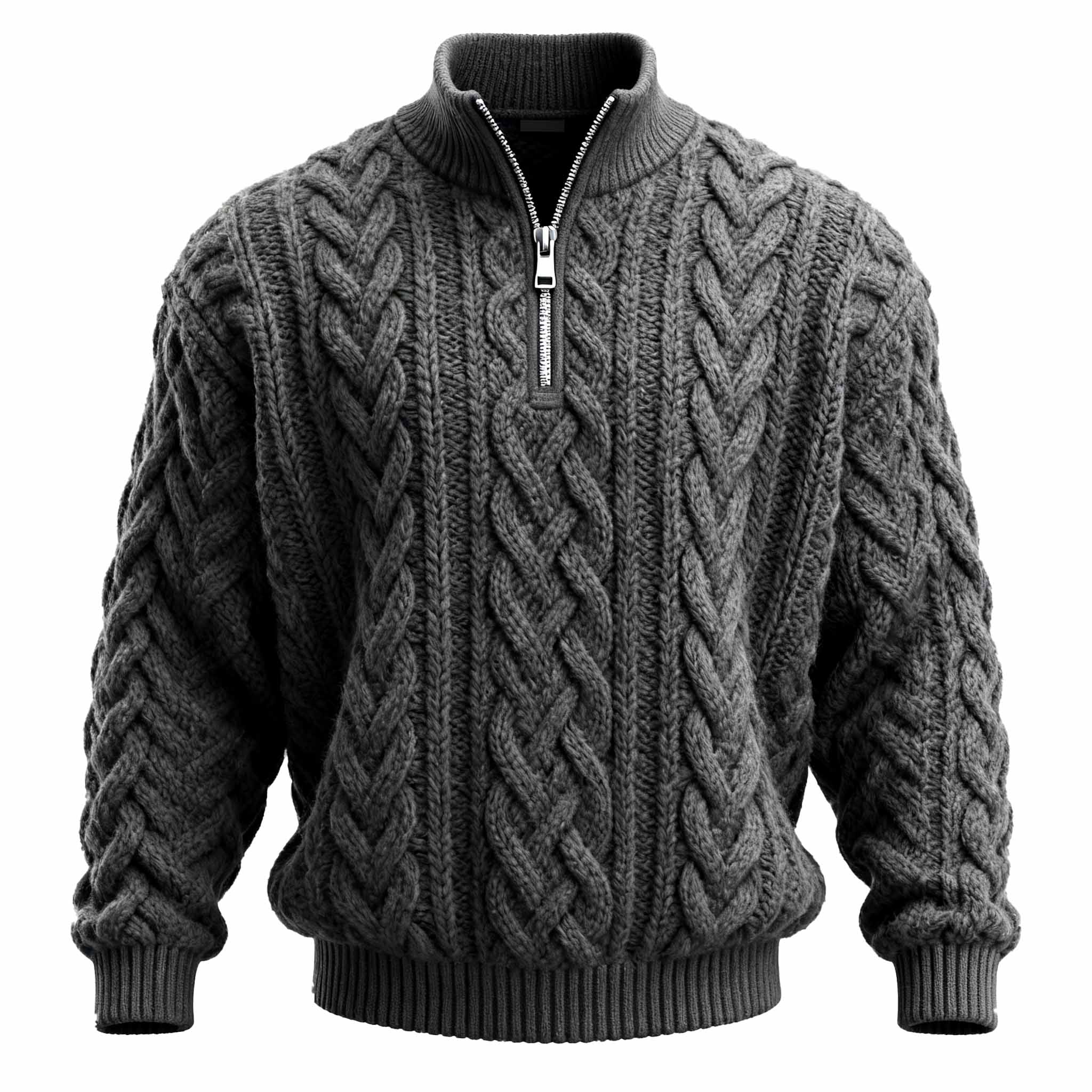Men's Vintage Gray Cable Knit Zip-Up Stand Collar Sweater-Unitsen