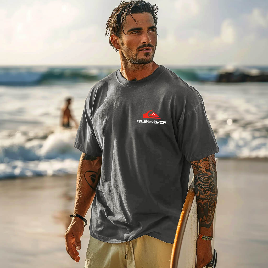 Quiksilver Men's Vintage Surfing Graphic Print Dark Gray Cotton Short Sleeve T-Shirt-Unitsen