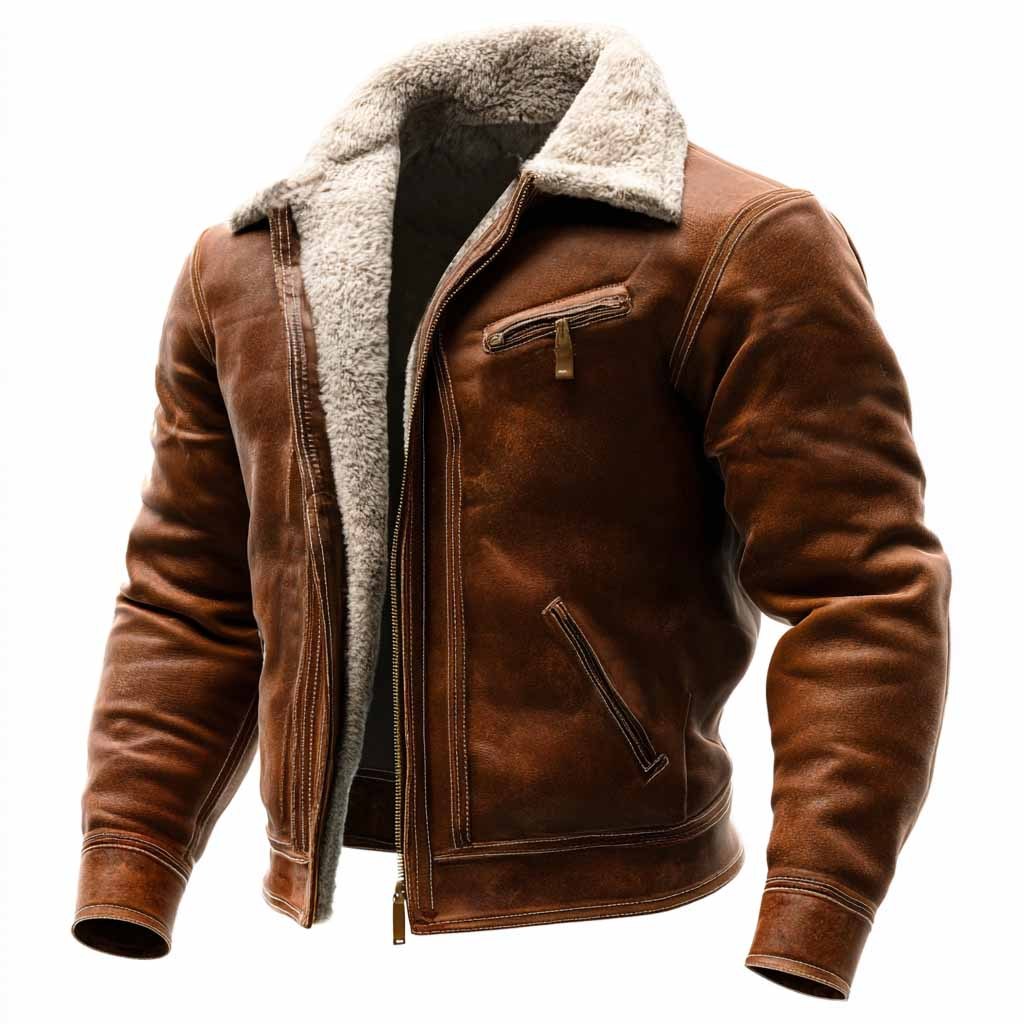 Men's Vintage Brown Leather Fleece Shearling Collar Jacket