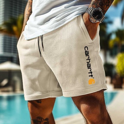 Carhartt Men's Vintage Waffle Knit Surf Light Blue Elastic Drawstring Walkshort Shorts-Unitsen