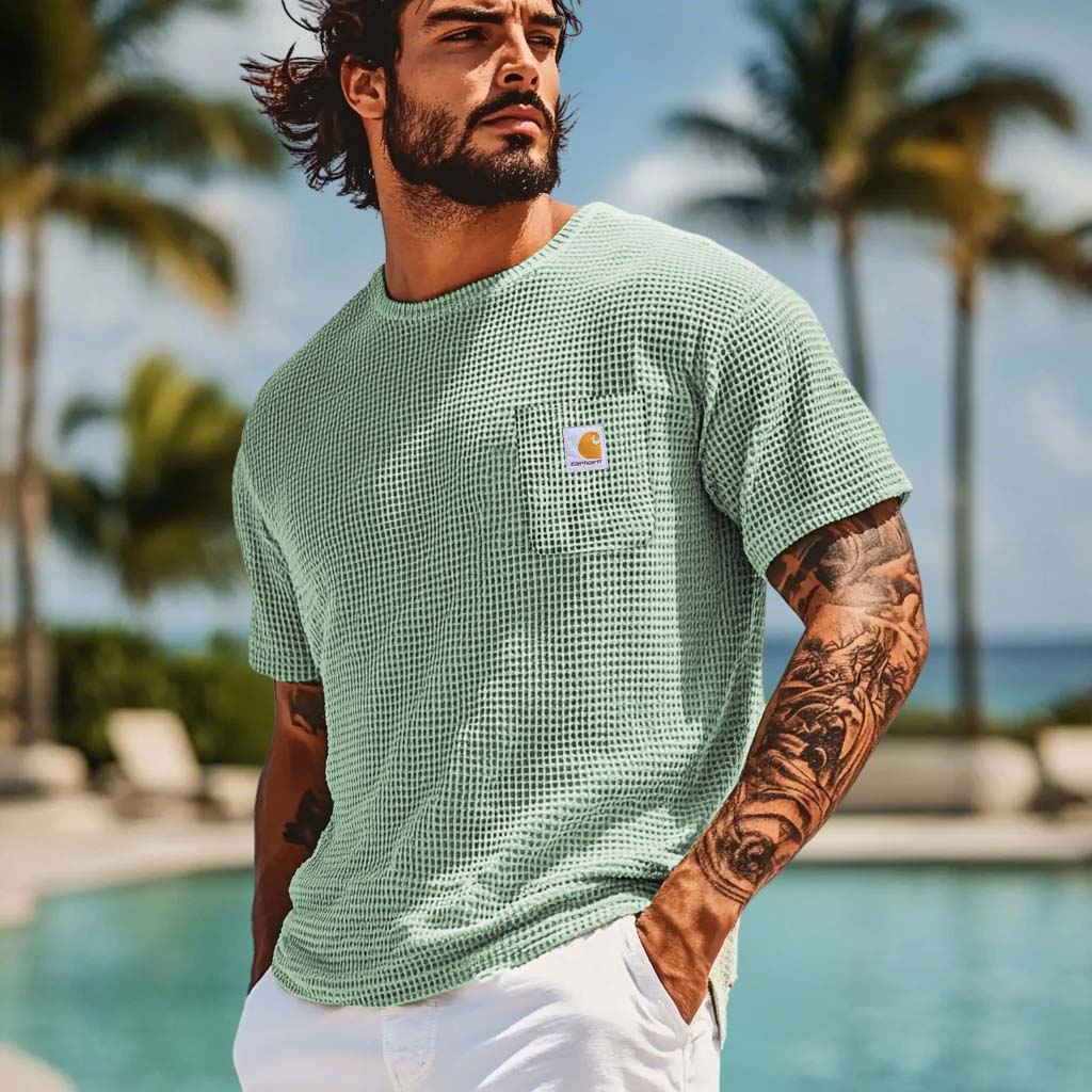 Men's Carhartt Vintage Waffle Knit Patch Pocket Short Sleeve Crew Neck T-Shirt-Unitsen