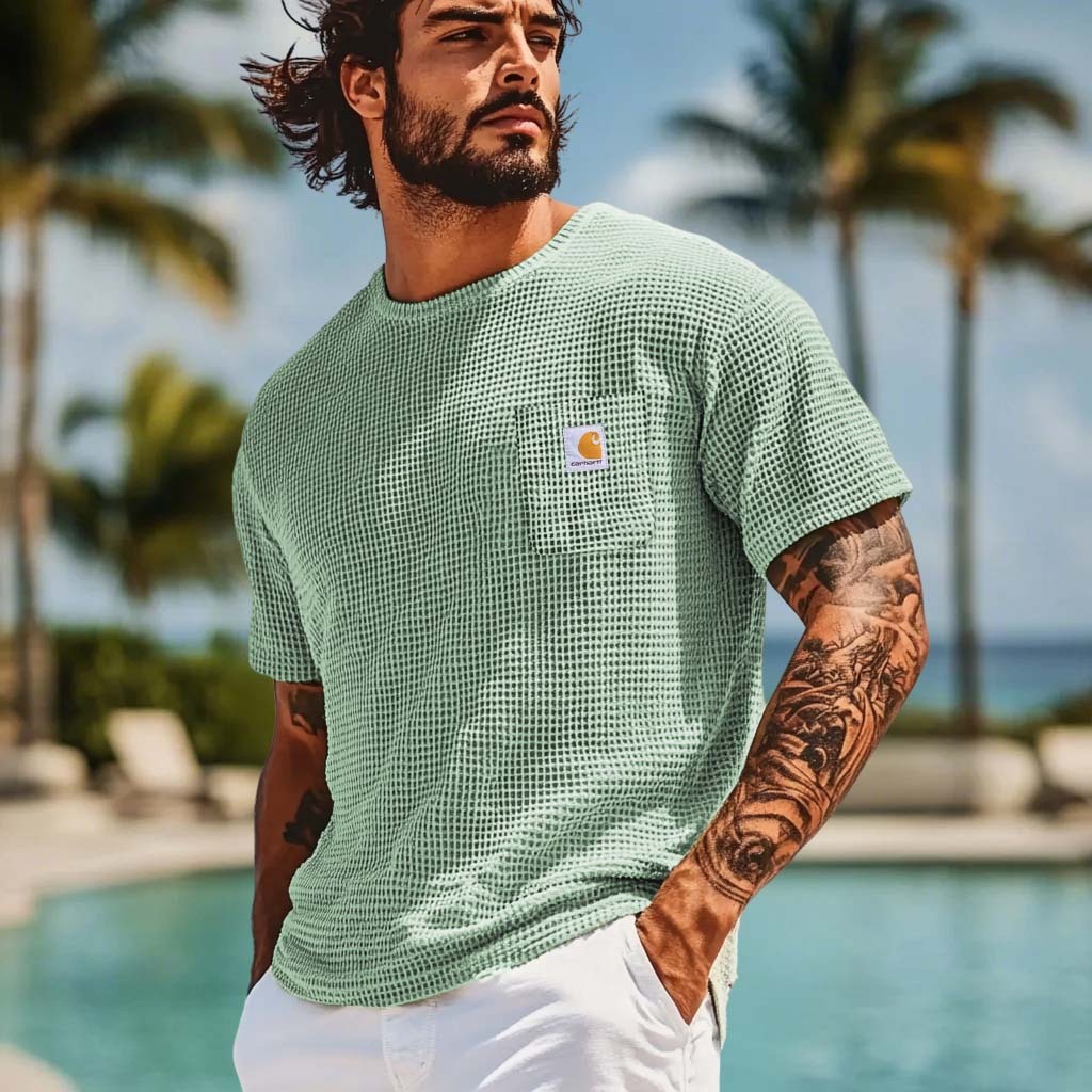 Men's Carhartt Vintage Waffle Knit Patch Pocket Short Sleeve Crew Neck T-Shirt-Unitsen