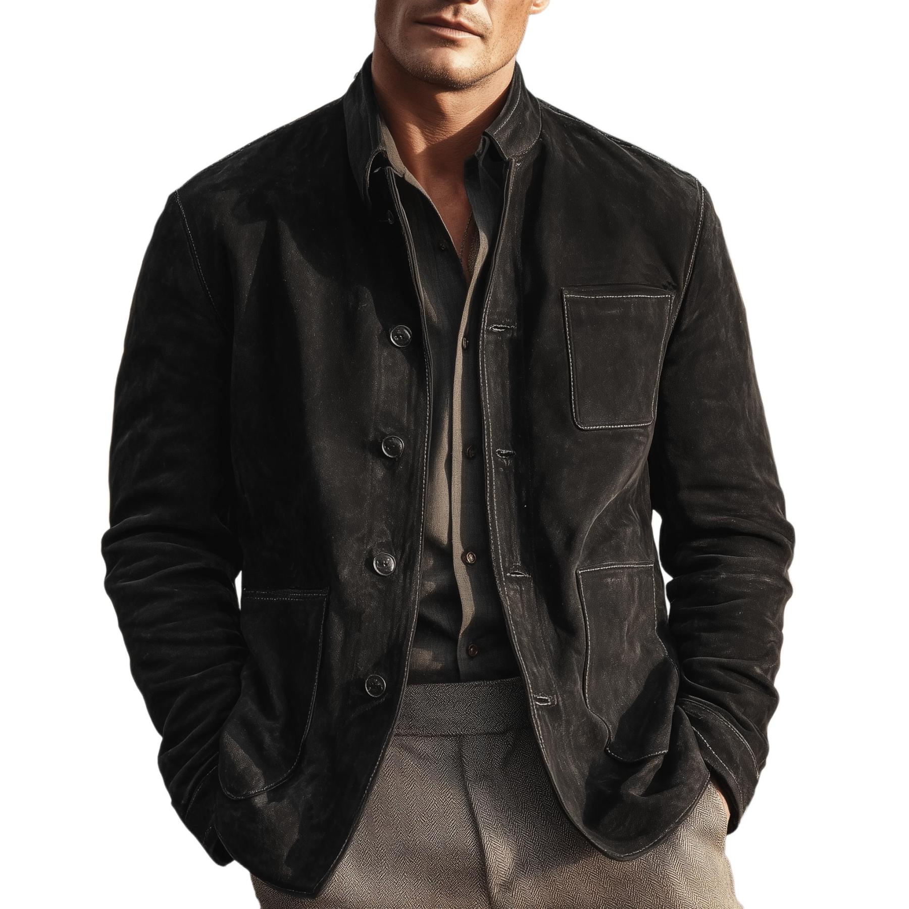 Men's Vintage Black Suede Stand Collar Multi-Pocket Faux Jacket Blazer-Unitsen