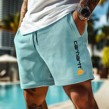 Carhartt Men's Vintage Waffle Knit Surf Light Blue Elastic Drawstring Walkshort Shorts-Unitsen