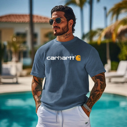 Men's Vintage Waffle Knit Short Sleeve Crew Neck T-Shirt-Unitsen