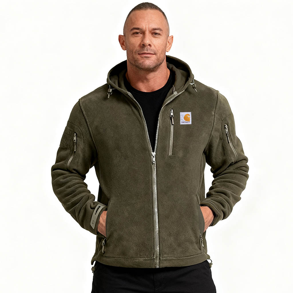 Men's Vintage Army Green Fleece Zippered Multi-Pocket Baerskin Hoodie Jacket-Unitsen