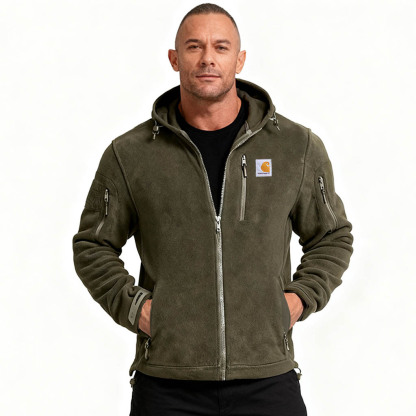 Men's Vintage Army Green Fleece Zippered Multi-Pocket Baerskin Hoodie Jacket-Unitsen