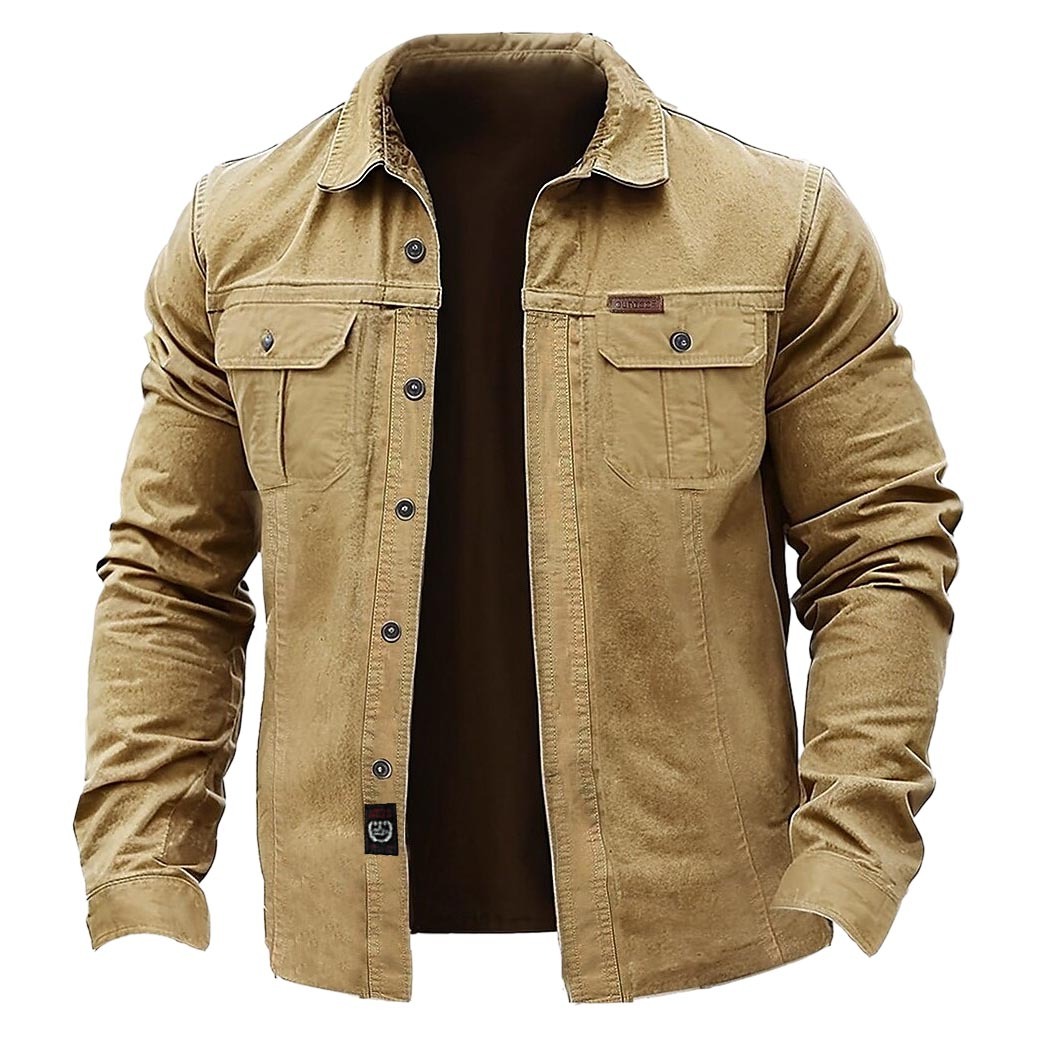 Men's Vintage Outdoor Workwear Pocket Long Sleeve Lapel Utility Shirt-Unitsen