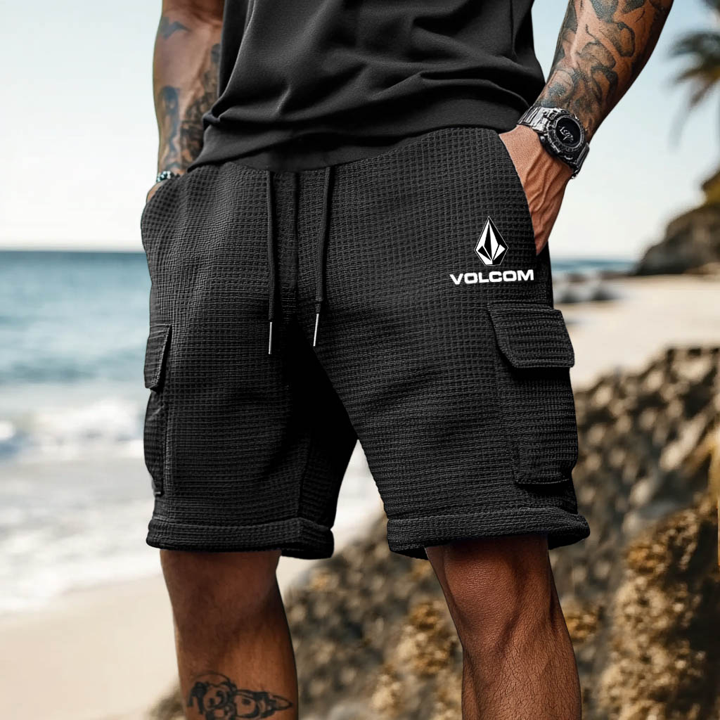 Volcom Men's Vintage Waffle Knit Casual Elastic Drawstring Walkshort Surf Cargo Shorts-Unitsen