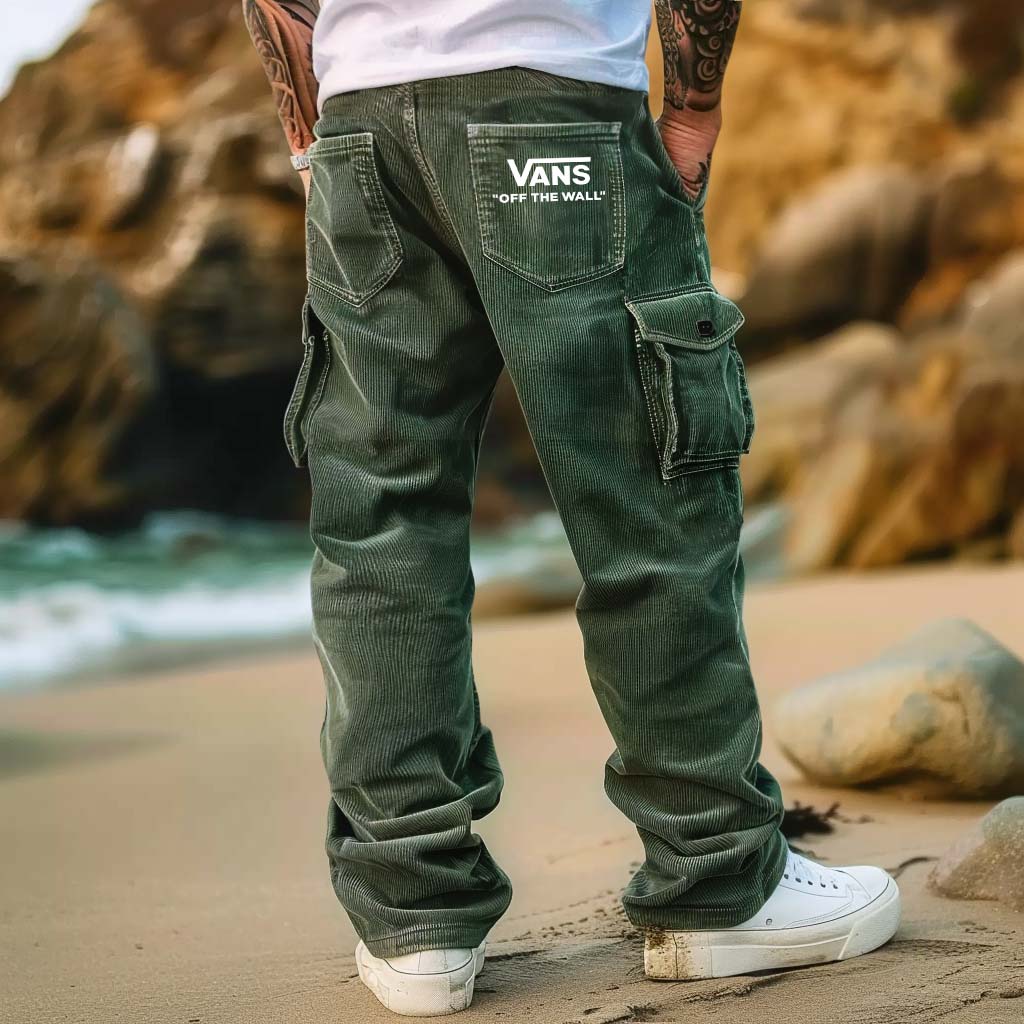 Men's Vintage Outdoor Army Green Corduroy Off The Wall Multi-Pocket Workwear Cargo Pants-Unitsen
