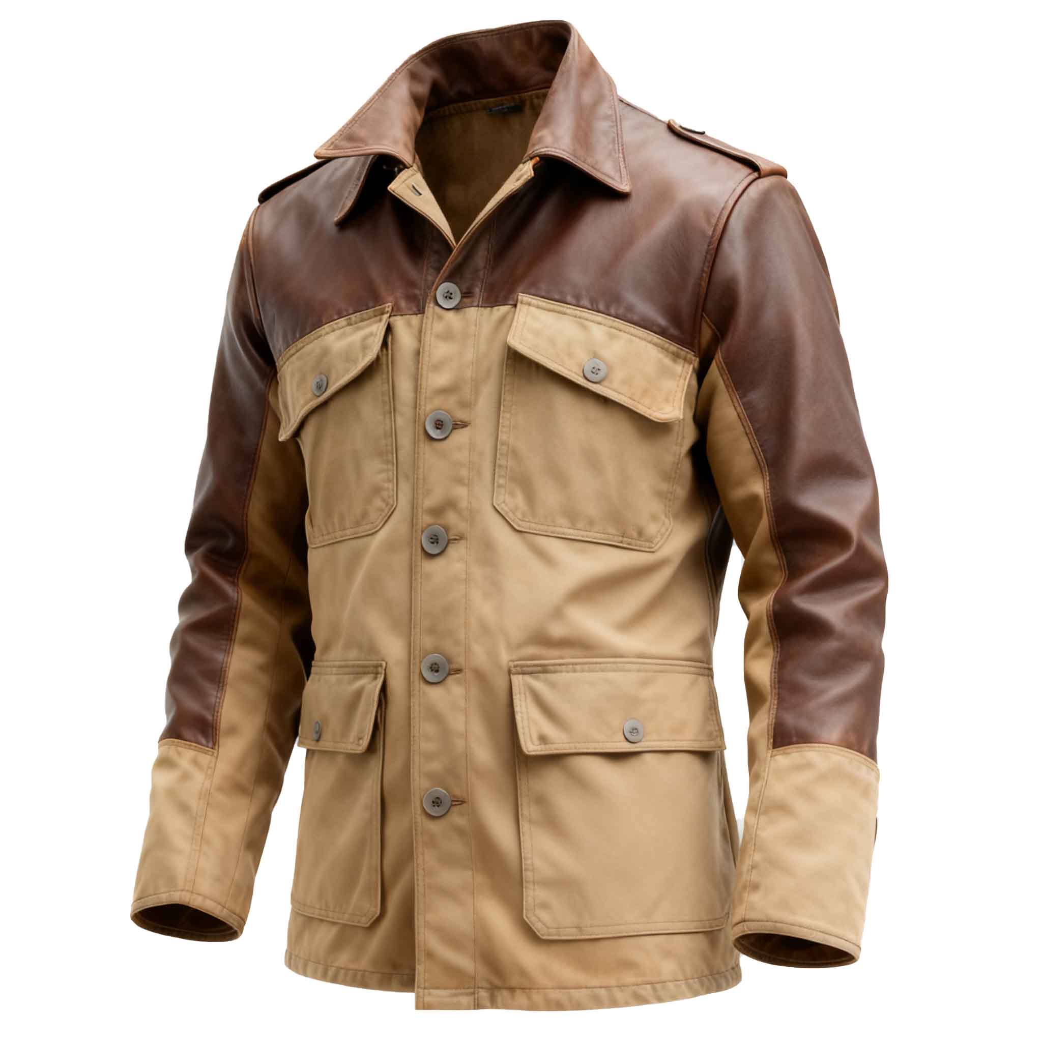 Men's Vintage Leather Patchwork Workwear Jacket With Multiple Pockets