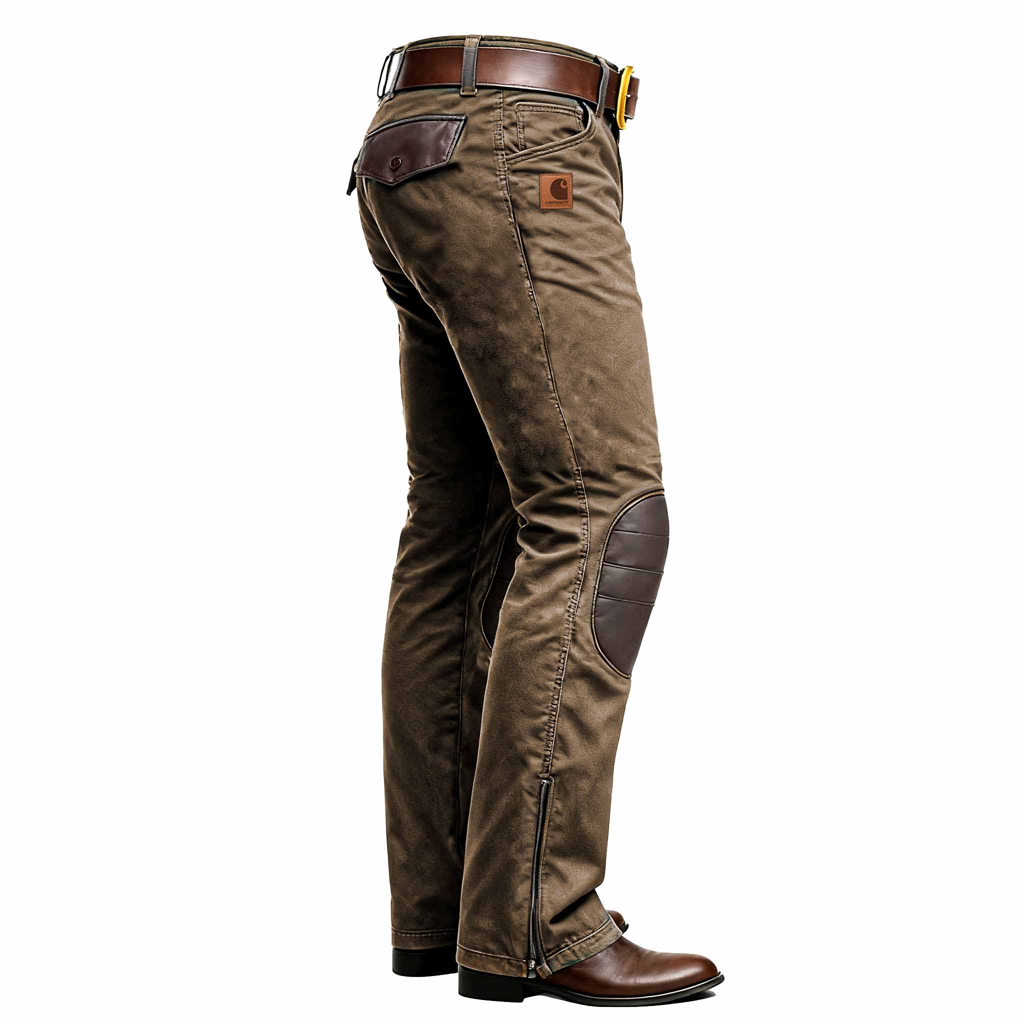 Men's Vintage Workwear Brown Leather Reinforced Knees Zipper Ankle Utility Pants-Unitsen