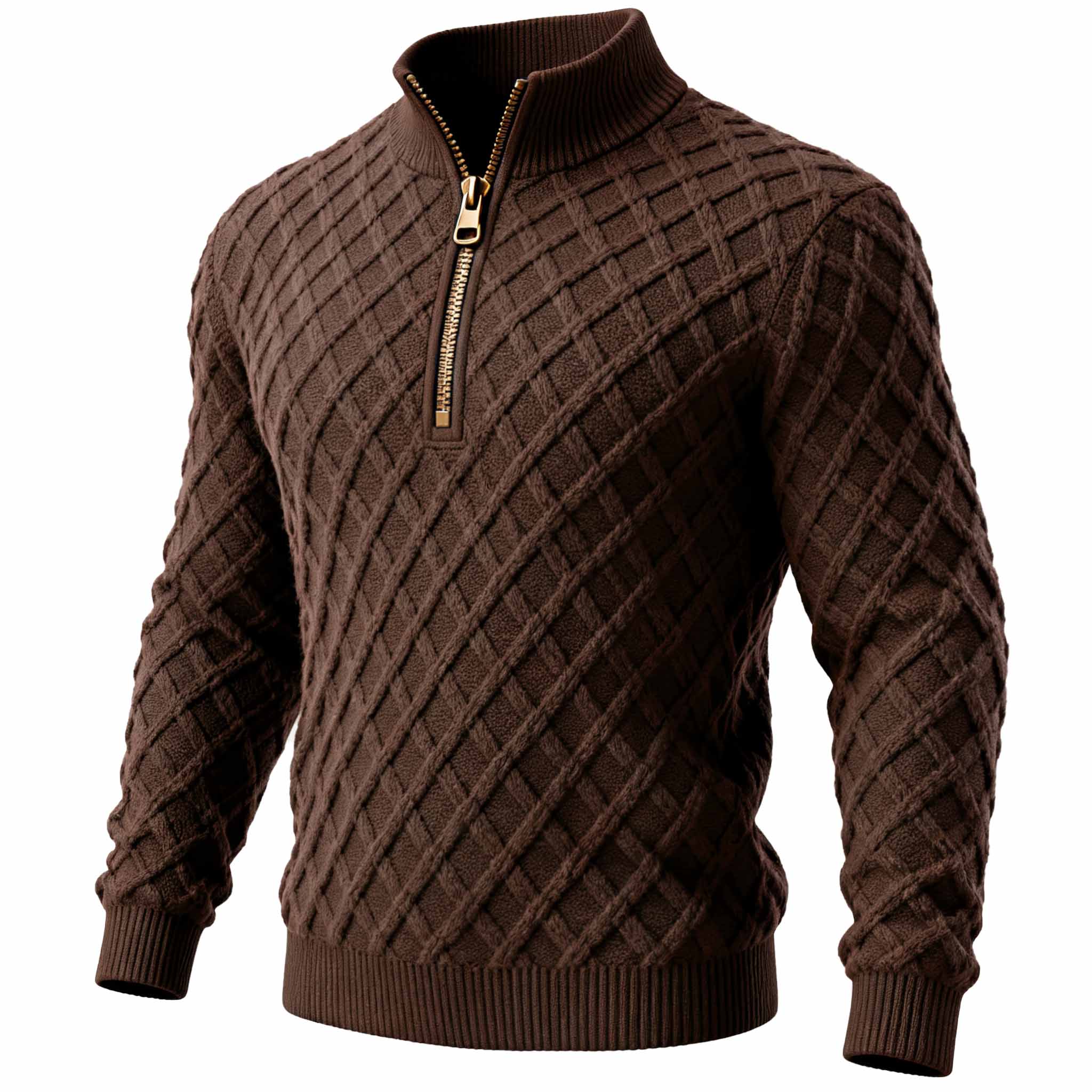 Men's Vintage Brown Cable Knit Half-Zip Sweater-Unitsen