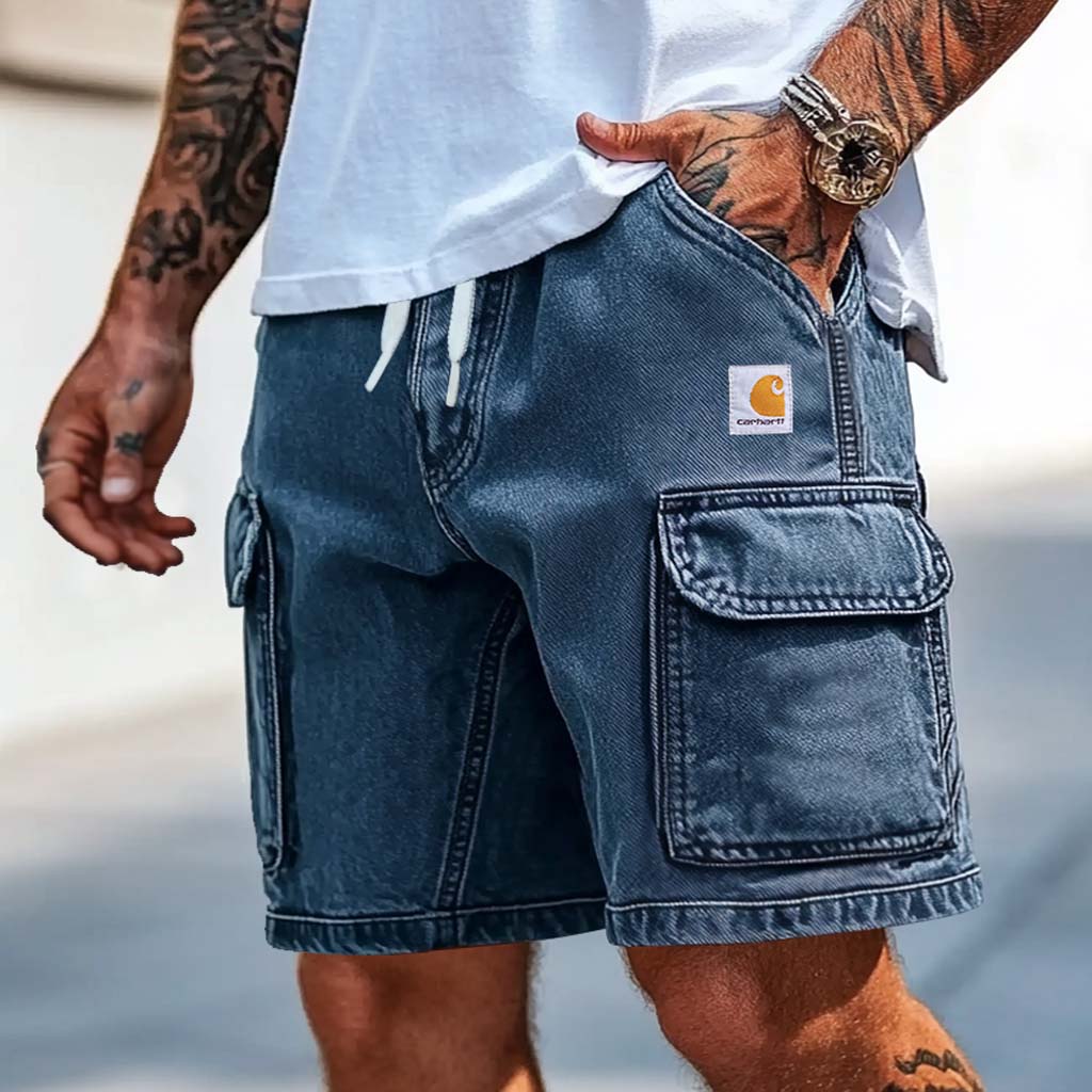 Men's Cargo Shorts Vintage Denim Washed Distressed Casual Workshort-Unitsen