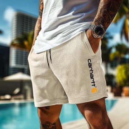 Carhartt Men's Vintage Waffle Knit Surf Light Blue Elastic Drawstring Walkshort Shorts-Unitsen