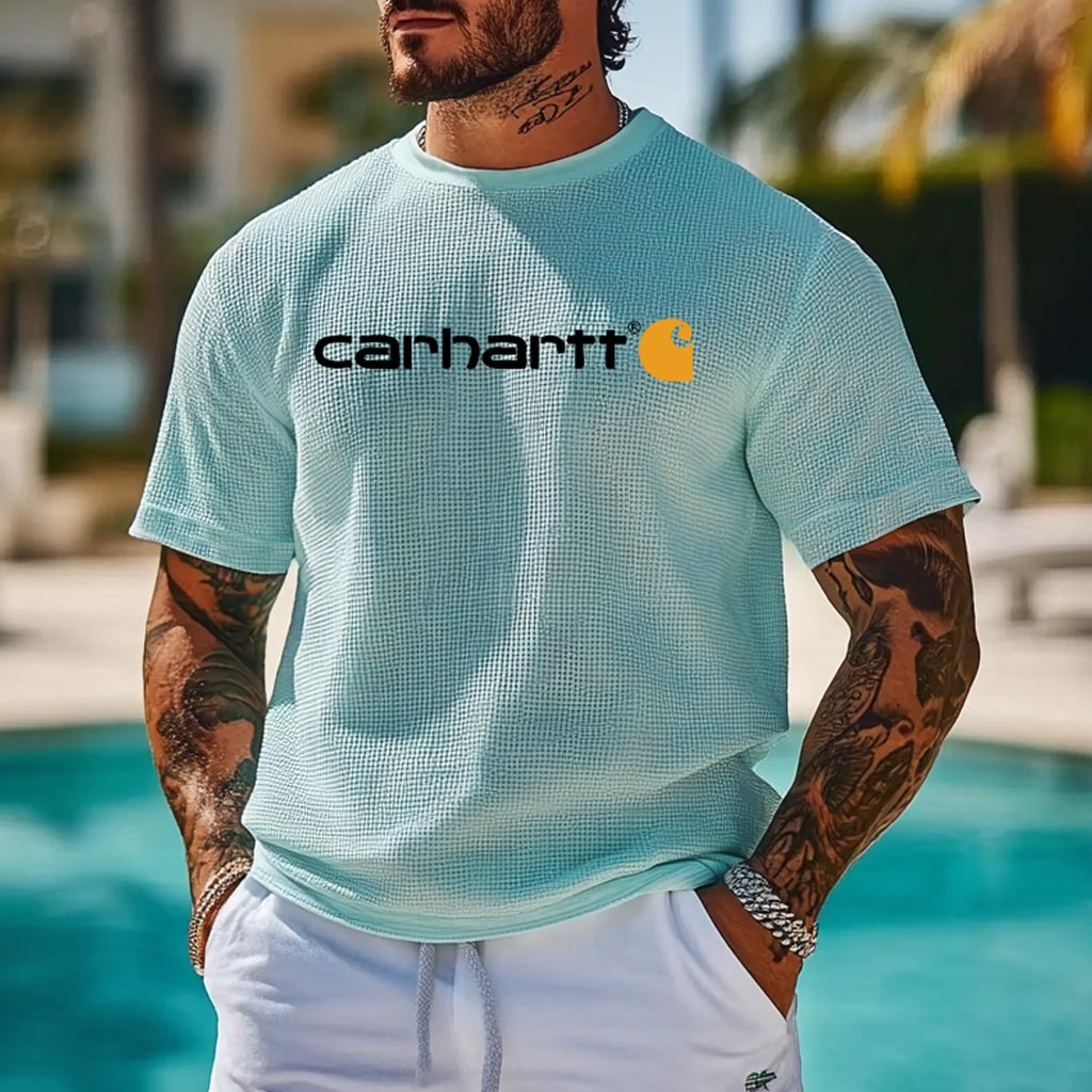 Men's Vintage Waffle Knit Short Sleeve Crew Neck T-Shirt-Unitsen